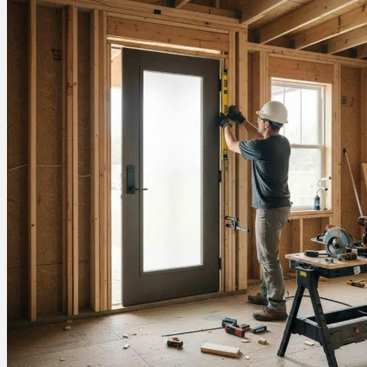 Pre-hung door and frame being fitted