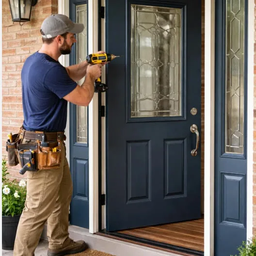 Technician installing a residential front door